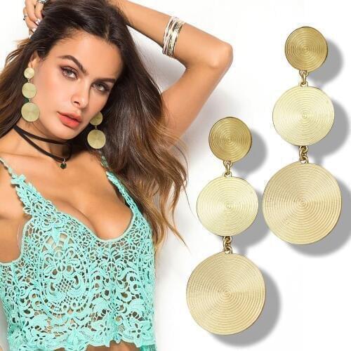 Women Ethnic Gold Triple Swirl Spiral Coin Disc Drop Dangle Earrings Hippie Boho Gypsy Bridal Statement Gift Punk Rock Celebrity
