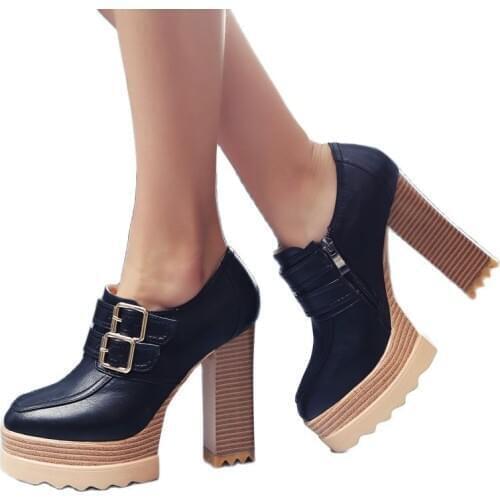 Osunlina Womans Platform Pumps 10.5CM High Square Heels Round Toe Buckle Thick Bottom Party Rome Retro Shoes For Lady A269