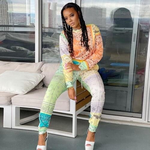 Bandana Paisley Print 2pcs Set For Women Long Sleeve O Neck Crop Top And Skinny Long Leggings Casaul Streetwear Club Suit