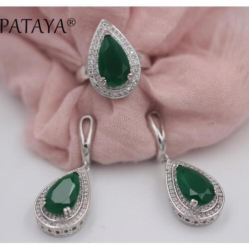 PATAYA True White Gold Wedding Party Jewelry Big Green Water Drop Natural Zircon Earrings Ring Set Women Luxury Trendy Jewelry