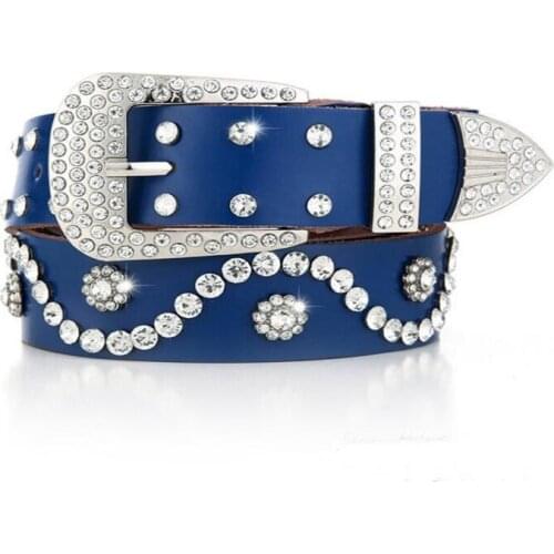 Cinturones para mujer cowhide BLUE WOMEN BELT Full diamond 2021 fashion best-selling GIFT wide 3.3CM Pin buckle ceinture femme