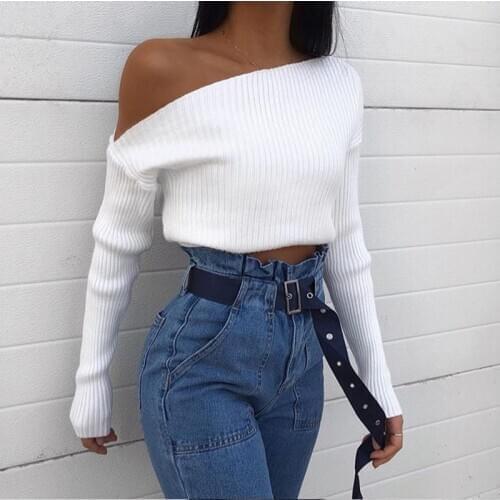 Oblique Collar Sexy Knitted Sweater Women Asymmetrical Pullovers One Shoulder Fashion Autumn Winter Sweaters Cropped