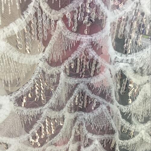 1Y/lot Off White Lace Glitter Transparent Mesh Sequins Fabric For Wedding Dress Decoration DIY Material