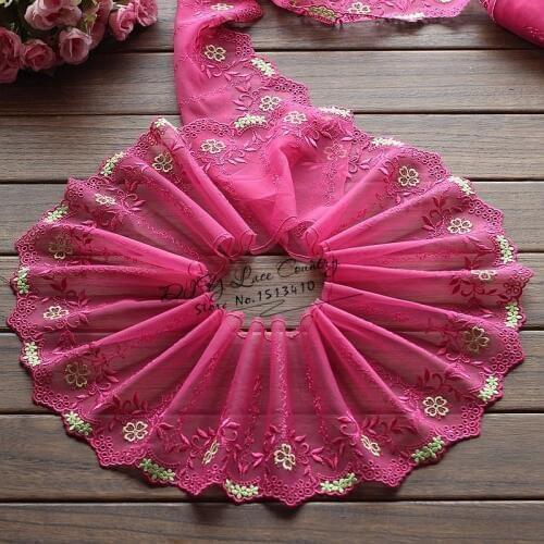 2yards/lot 25cm wide Embroidered Tulle Lace trim mesh lace trim ~Rose red + green ~ beautiful