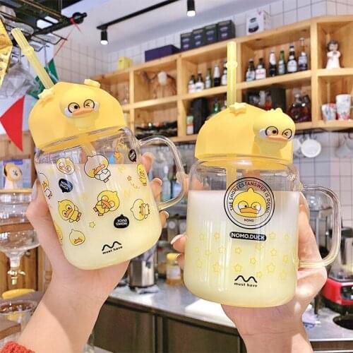 525ML DUCK Glass GIRL Letter Pattern Glass with Straw Juice Milk Tea Coffee Wine Creative Cup Gift for Childen