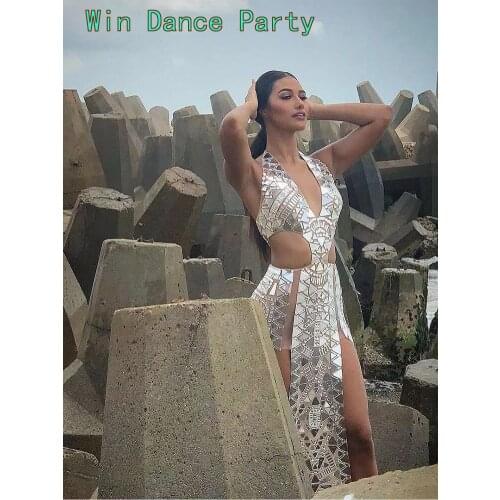 Sparkly Mirror Long Peplum Dress Women Birthday Celebrate Wedding Long Dress Bar Ds Latin Dresses Party Festival Outfits