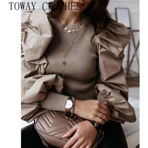 Round Neck Puff Sleeve Insert Ribbed Blouse Women Spring Autumn Long Sleeve Casual Blouse Tops Streetwear