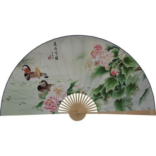 Large Folding Paper Fan Chinese Style Crafts Banboo Frame Background Decorative Fan Hanging Decoration Evening Mandarin Duck