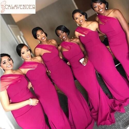 South Africa Black Girls Mermaid Fuchsia Bridesmaid Dresses One Shoulder Floor Length Long Evening Gowns Maid Of Honors Dresses