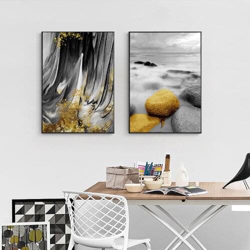 Scenery Golden Stone Water and Sky Canvas Painting Wall Art Nordic Posters and Prints Wall Pictures for Living Room Decoration