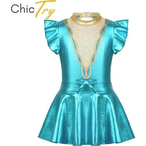 ChicTry Kids Teens Performance Dance Costume Shiny Sequins Metallic Gymnastics Leotard with Skirt Set Girls Ballet Dress Outfit