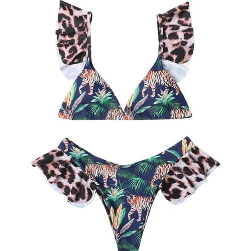 Womens Ruffled Cute Stitching Printed Bikini 2-Piece Swimsuit
