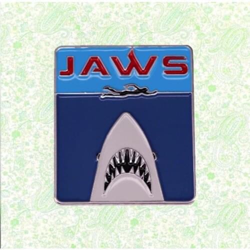 Jaws Movie Midnight Swim Enamel pin Shark and Swimmer poster Metal Logo Pop Culture brooch badge jewelry