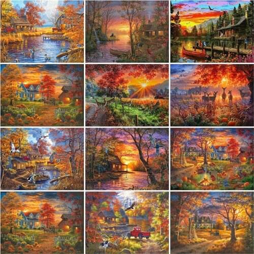 HUACAN 5D Diamond Embroidery Fall Full Square Round Drill Cross Stitch Kit Diamond Painting Landscape Mosaic Autumn Decoration