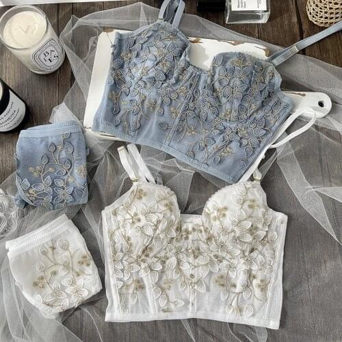 Honviey Embroidered sexy lingerie set with panties outside wear intimate underwear tube top brassiere gathered bra pantys suit