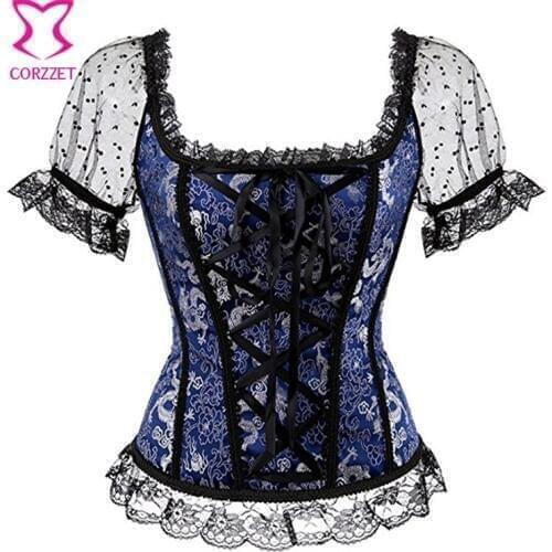 Blue Floal Satin Sexy Lolita Corset With Lace Short Sleeves Victorian Overbust Bustier Gothic Clothes Plus Size 6XL Corseletes