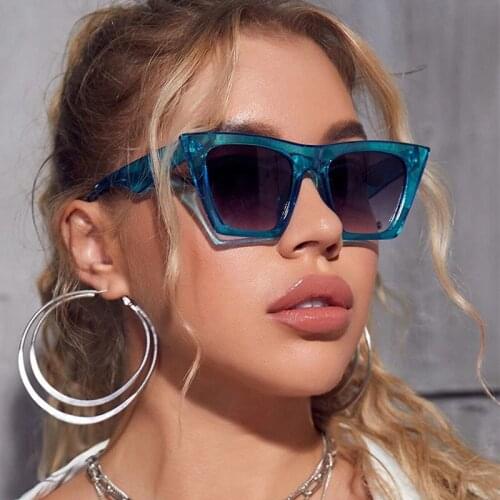Metal Hinge Sexy Cat Eye Sunglasses Women Fashion Flat Top Square Sun Glasses Female Retro Shades Glasses zonnebril dames Blue