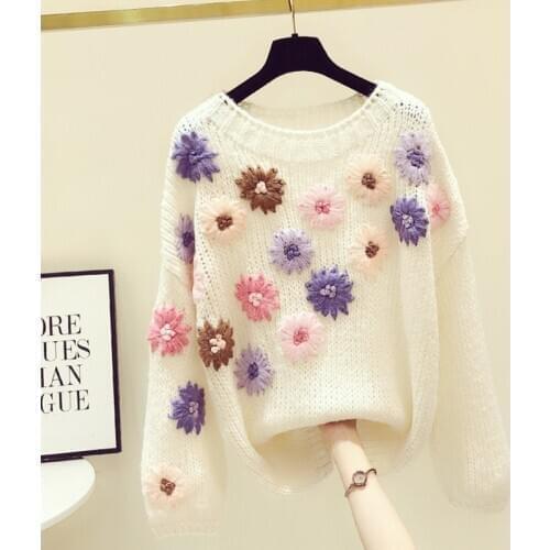 2020 New Winter Clothes Korean Heavy Broidered Pullover Loose Knit Top Women Sweater Long Sleeve White Knitwear Female Sweaters