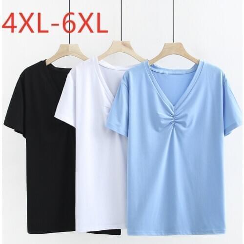 New 2021 summer plus size tops for women large loose casual short sleeve cotton ruffle V neck T-shirt white blue 3XL 4XL 5XL 6XL