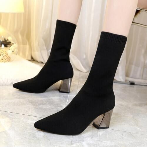 New Ankle Boots Autumn Winter Shoes Pointed Toe Stretch Knitting Sock Boots Women High Heels Boots Female Slip On Lady Shoes