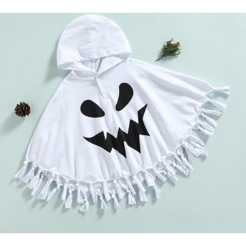 2021 Autumn Spring Children Halloween Tassels Cloak White Pumpkin Face Printed Pattern Hooded Cape Casual Kids Halloween Coats