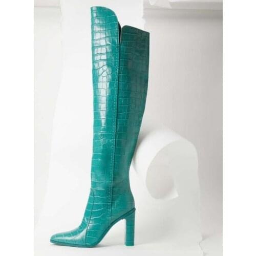 Sexy Blue Crocodile Print Leather Boots Pointed Toe Square Heels Women Over The Knee Boots Winter Fashion Zipper High Boots