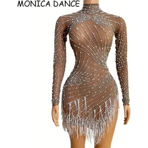 Sexy Stage Pearls Fringes See Through Dress Evening Birthday Celebrate Transparent Dress Performance Outfit Dance Mesh Costume