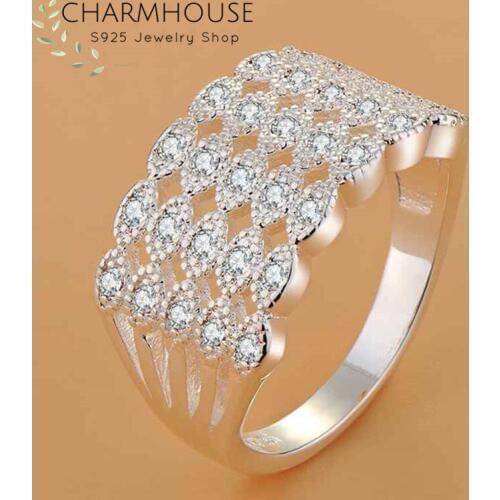 Silver 925 Rings For Women Wedding Band 10mm Crystal Finger Ring Bague Femme Anillo Anel Bridal Engagement Rhinestone Jewelry