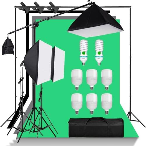 Photography Studio Softbox Lighting Kit Boom Arm Continuous Lighting Professional Lighting Set 25W/135W Light Bulb 4pcs Backdrop