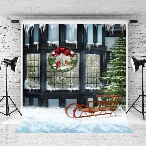 VinylBDS Christmas Window Backdrop Photography Background Wreath Background Building Pine Street Background For Photo Studio