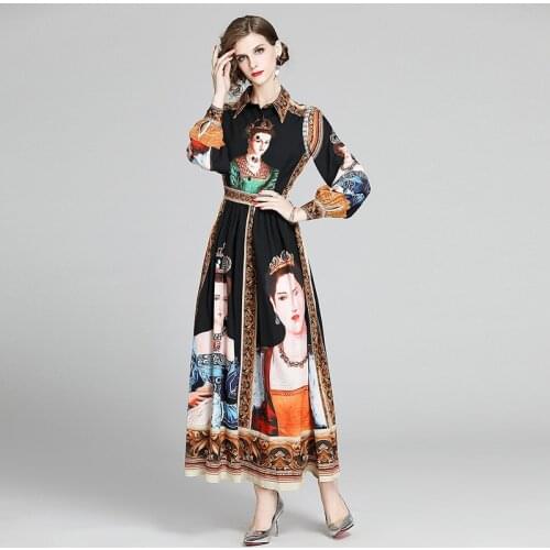 Runway Character Oil Painting Print Long Dress Womens Lantern Long Sleeve Empire Vintage Party Holiday Shirt Dress Queen Beauty