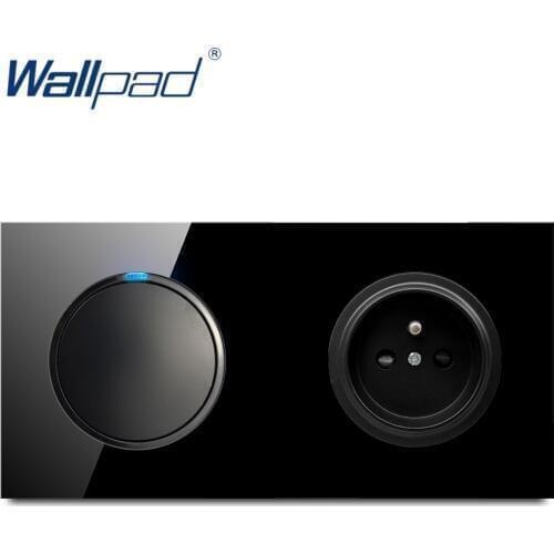 Wallpad 1 Gang 2 Way EU 16A French Socket Crystal Tempered Pure Black Glass Panel Wall Power Socket Outlet Grounded