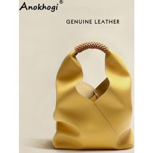 Handmade Woven Handle Women Vintage Big Bucket Genuine Leather Handbag Fashion Shoulder Bag