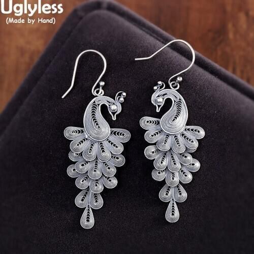 Uglyless Ancient Crafts Filigreed Peacock Earrings Women Exotic Thai Silver Jewelry Princess Peacock Phoenix Earrings 925 Silver
