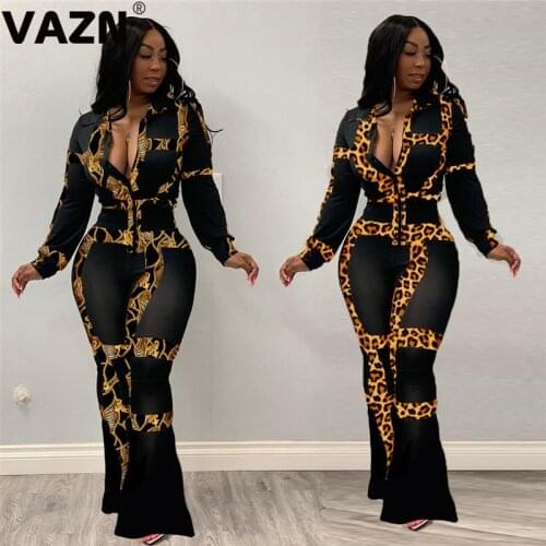 VAZN Sport Leopard V-neck Loose Casual High Street Lady Sexy 2021 Set full sleeve 2 Piece Sets Night Club Young Lady Sets