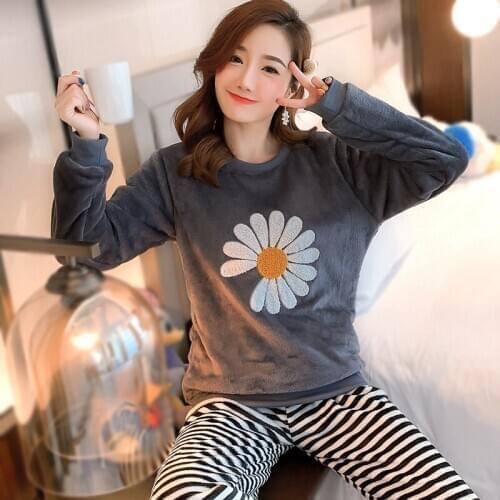 Womens Pajama Set Warm Pajamas Sleepwear Homewear Thick Winter Velvet Female Plush Pyjamas Suit Sweatshirt Hoodies Home Clothes