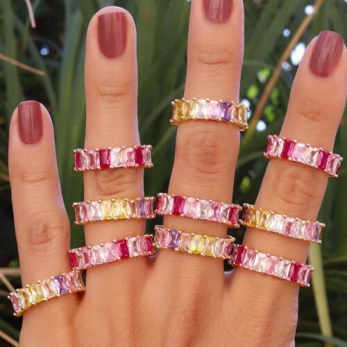 Dropshipping rainbow baguette cz rose gold engagement band ring for women USA hot selling drop shipping stack female jewelry