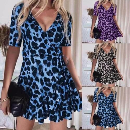 WomenS Dress Summer Hot Models All-Match Thin Short-Sleeved V-Neck Leopard Print Sexy Nightclub Ruffled Sexy Dress Summer 2021