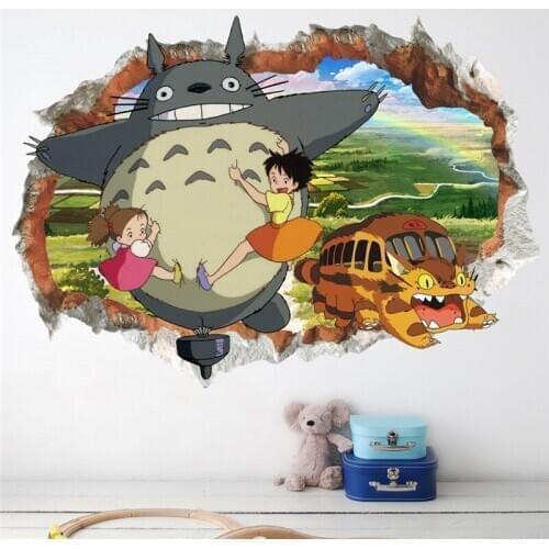 3d Broken Hole Totoro Wall Stickers For Kids Room Decoration Cartoon Animals Mural Art Diy Home Decals Pvc Movie Wall Posters