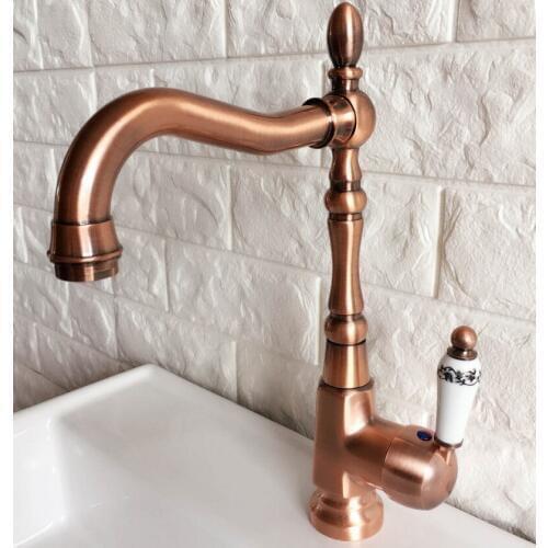 Antique Red Copper Brass Bathroom Kitchen Basin Sink Faucet Mixer Tap Swivel Spout Single Handle One Hole Deck Mounted mnf418