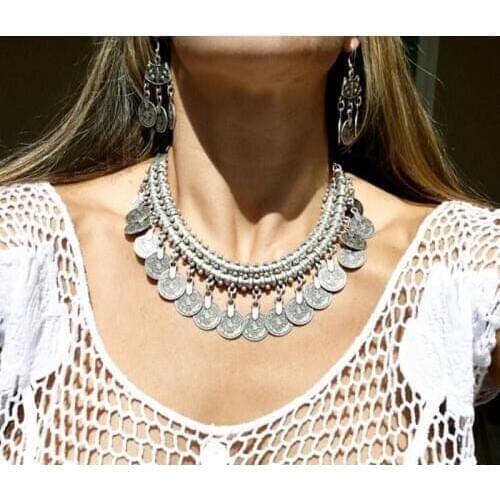 Bohemian Vintage Silver Color Coin Choker Bib Necklace Jhumka Earrings Turkish Gypsy Indian Tribal Necklace Afghan Jewelry Sets