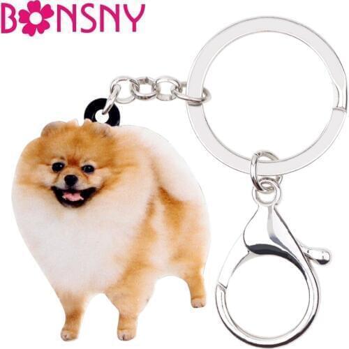 Bonsny Statement Acrylic Happy Pomeranian Dog Key Chains Keychain Rings Fashion Jewelry For Women Girls Lady Handbag Charms Gift