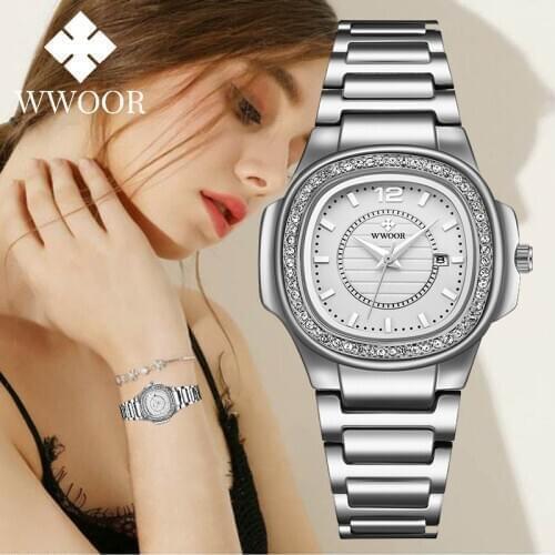 WWOOR Silver Watches For Women Quartz Dress Watch Brand Luxury Crystal Elegant Ladies Wrist Watch Female Clock Relogio Feminino