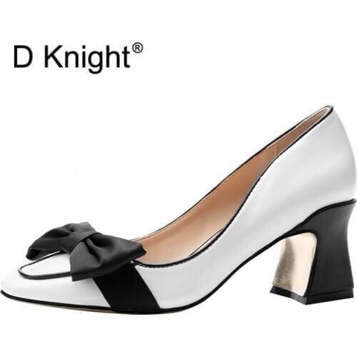 Elegant Square Toe High Heel Single White Shoes Thick Heel Bow Pumps Womens Shoes Spring New Fashion Patent Leather Pumps Lady
