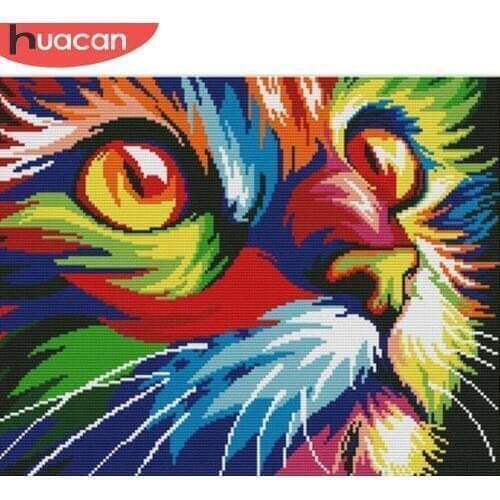 HUACAN Cross Stitch Cat Sets White Canvas Needlework Handicrafts Cross Stitch Colorful Animal 14CT 11CT Embroidery Cat