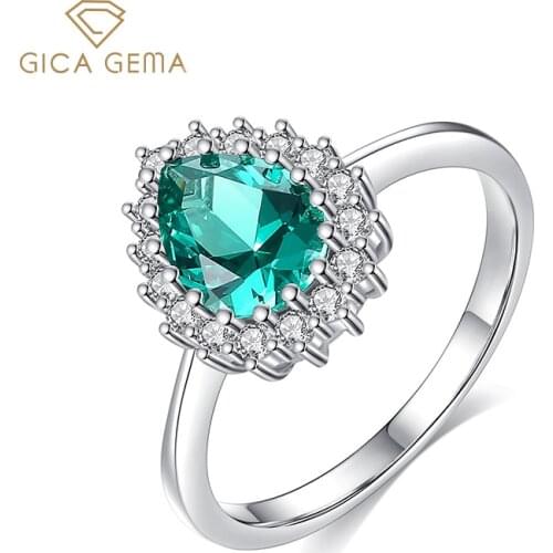 GICA GEMA Women Green Zircon Rings Real 925 Sterling Silver Luxury Water Drop Shape Rings Band Silver Engagement Fine Jewelry