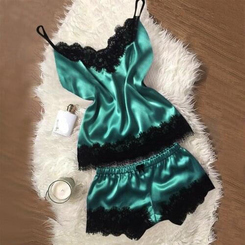 2PC Womens underwear set Sexy Silk Satin Pajamas Lingerie Temptation Babydoll V-Neck Nightdress ensemble sous vêtement femme 00