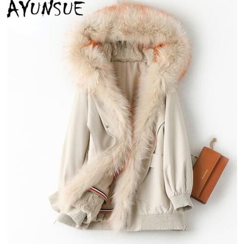 AYUNSUE Winter Jacket Women 2021 Hooded Real Rex Rabbit Fur Liner Parkas Female Raccoon Fur Collar Coats Casaco Feminino Gxy511