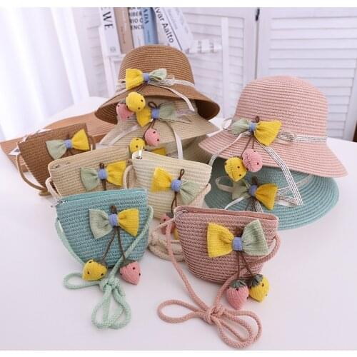 Summer kids girl casual straw hat New baby kids child girl cartoon dragonfly flower Sun hat and bags ribbon panama gorros