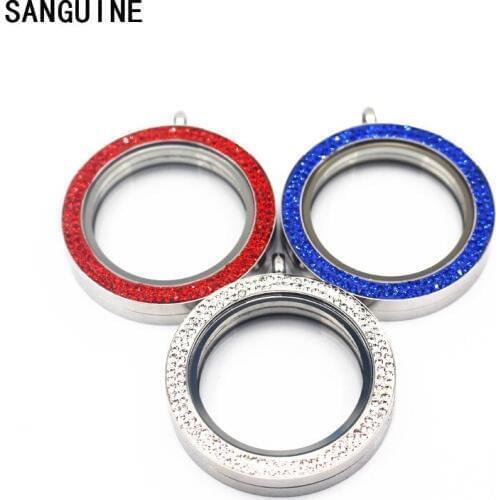 Mix3pcs 34mm Big Size Stainless Steel Floating Locket Pendant Rose Gold Magnetic Open With Crystal Glass Memory Lockets Necklace